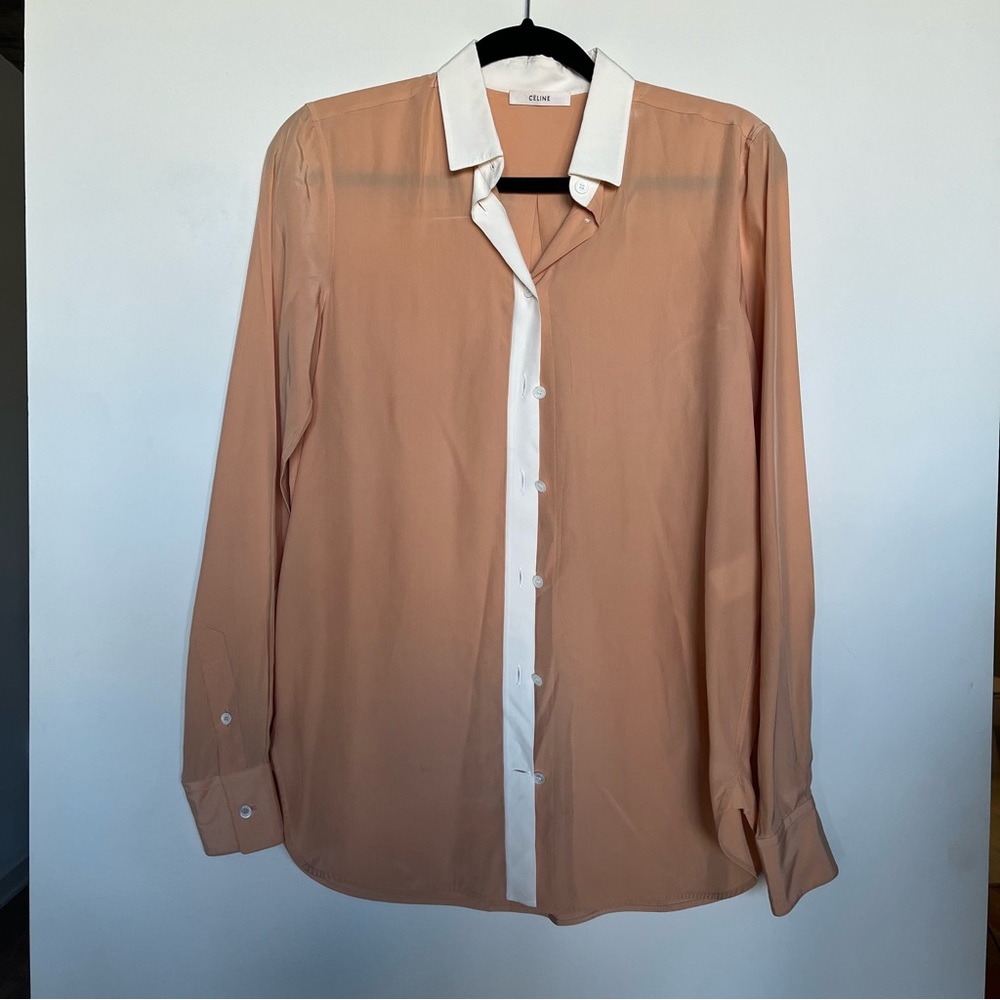 CELINE Nude Coral/Tan 100% Silk Blouse